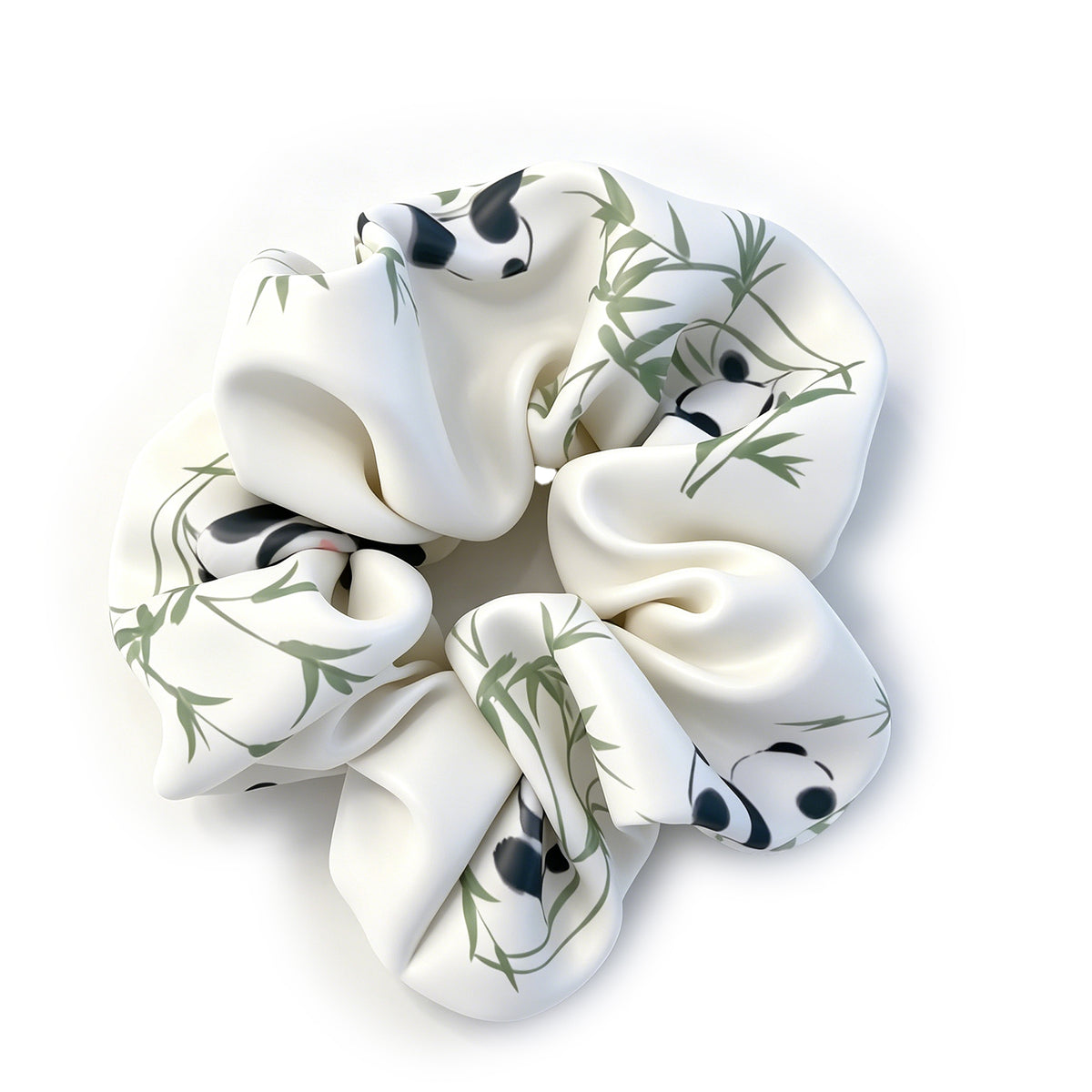 Cream Satin Panda & Bamboo Scrunchie - Silk-Look Hair Tie with Chinese Ink Wash Print for Women