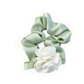 Mint Green Satin Scrunchie with 3D White Gardenia Flower - Silk-Look Hair Tie for Women