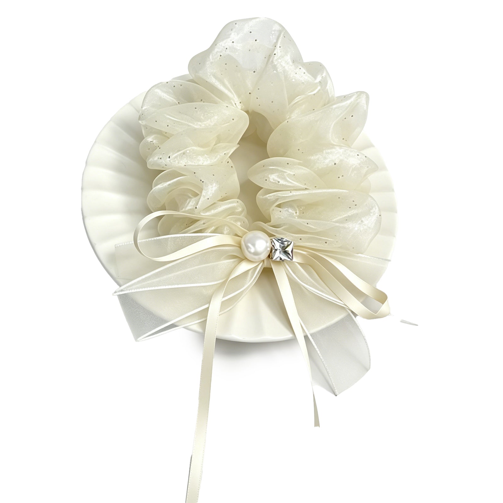 Ivory Glitter Organza Scrunchie with Pearl & Rhinestone Bow - Sheer Tulle Hair Tie for Women