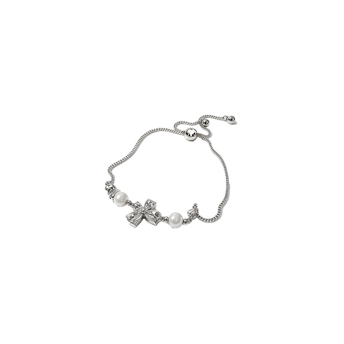 Silver Bow & Pearl Adjustable Bracelet – Elegant Rhinestone Charm Bracelet for Women