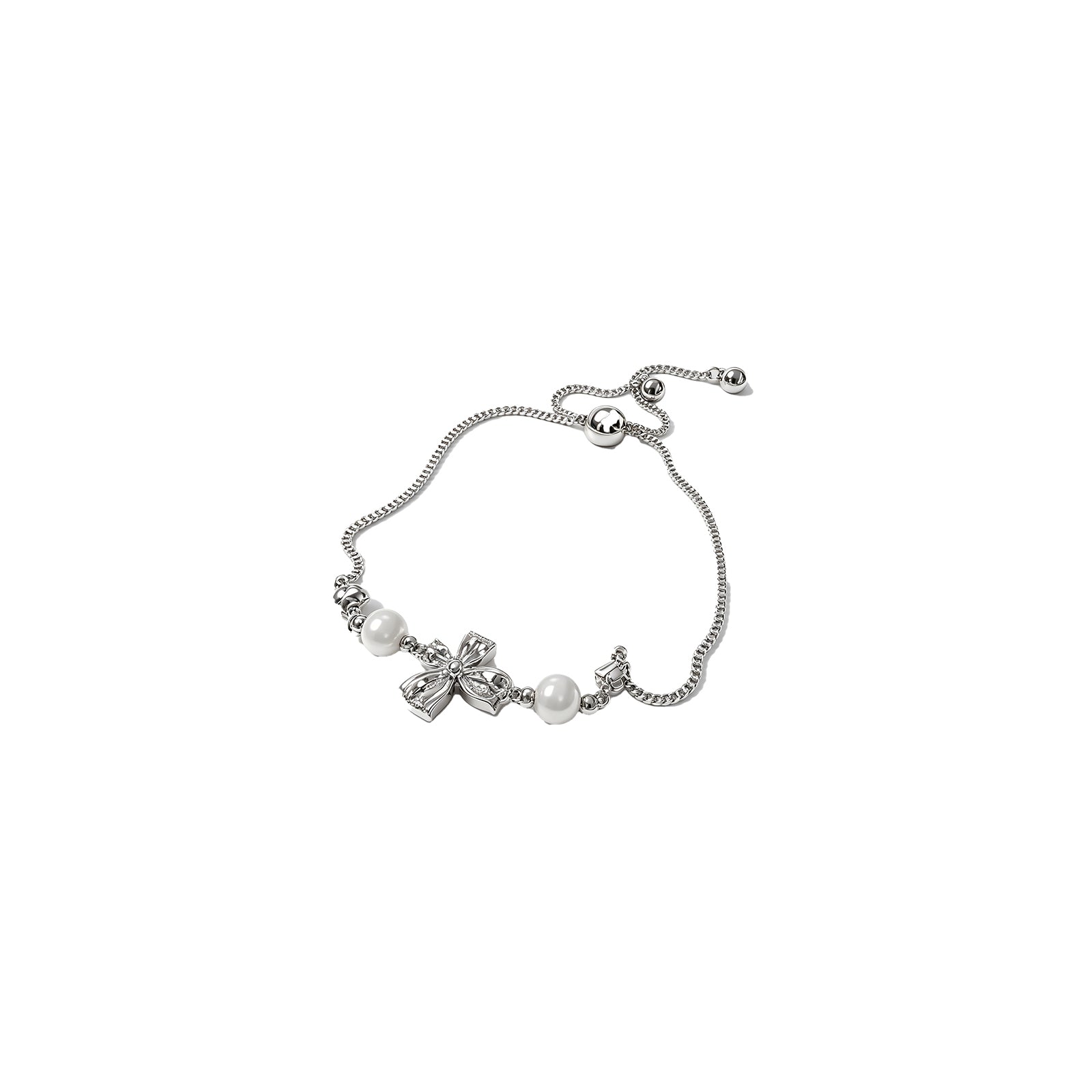 Silver Bow & Pearl Adjustable Bracelet – Elegant Rhinestone Charm Bracelet for Women, image 1