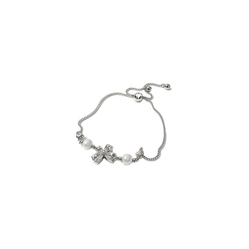 Silver Bow & Pearl Adjustable Bracelet – Elegant Rhinestone Charm Bracelet for Women