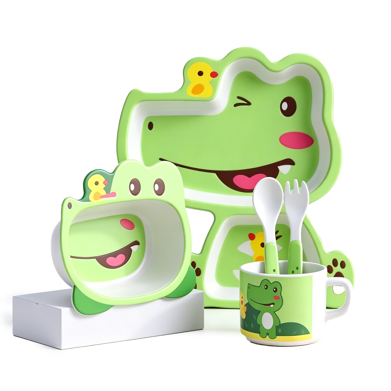 Adorable Frog-Shaped Kids Tableware Set – 5-Piece BPA-Free Bamboo Fiber Dinnerware with Partitioned Plate, Bowl, Cup & Utensils for Toddlers, image 1