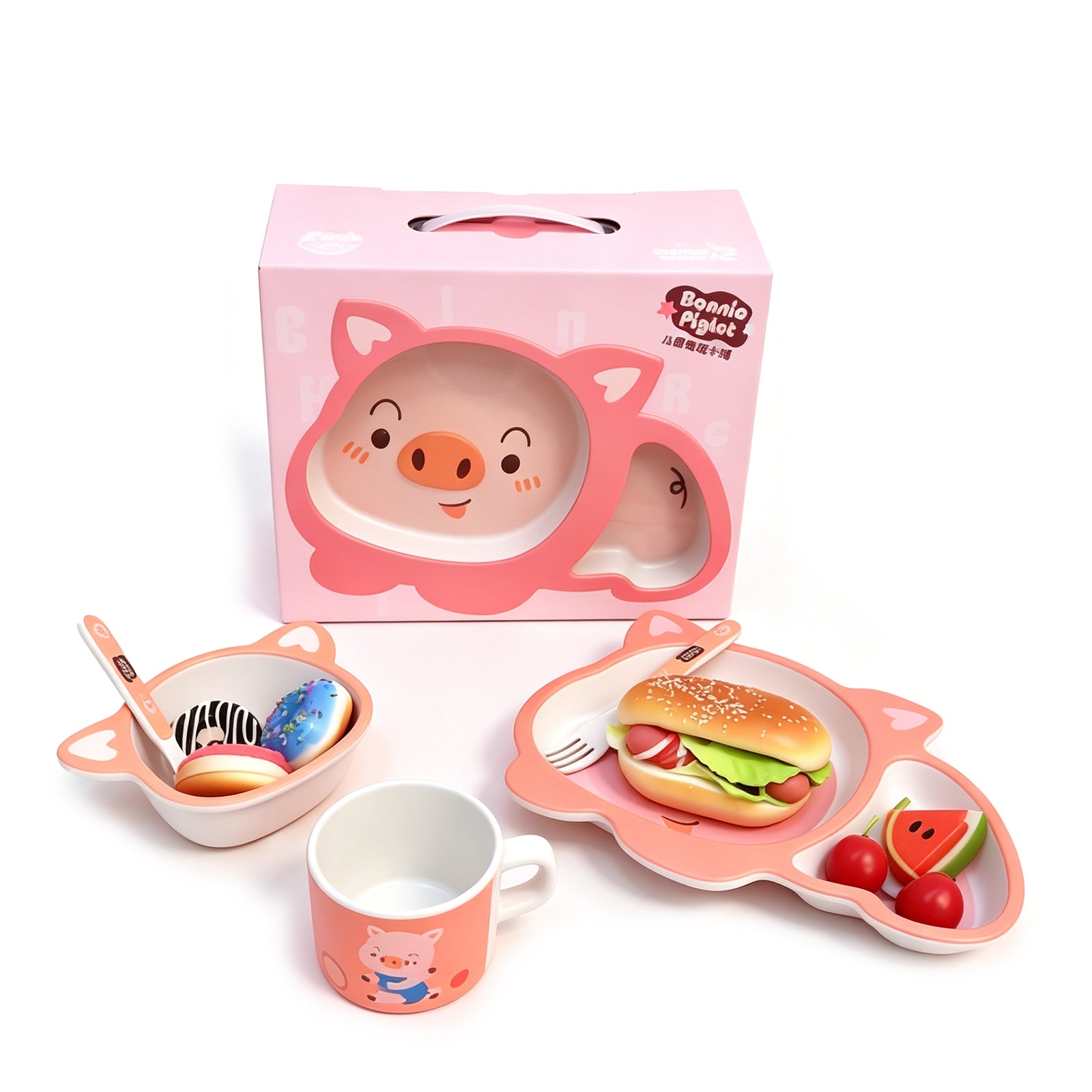 Bonnie Piglet Kids Tableware Set – 5-Piece BPA-Free Bamboo Fiber Dinnerware with Partitioned Plate, Bowl, Cup & Utensils for Toddlers, image 1