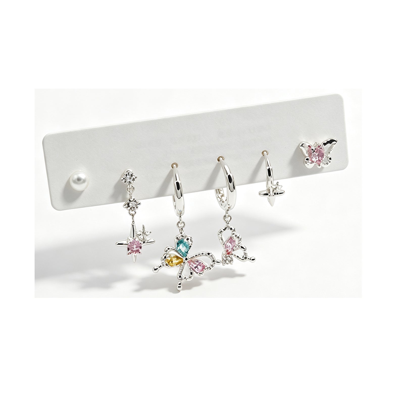 3-Piece Colorful Butterfly & Star Earring Set - Rhinestone Hoops, Dangling Studs & Ear Cuffs for Women