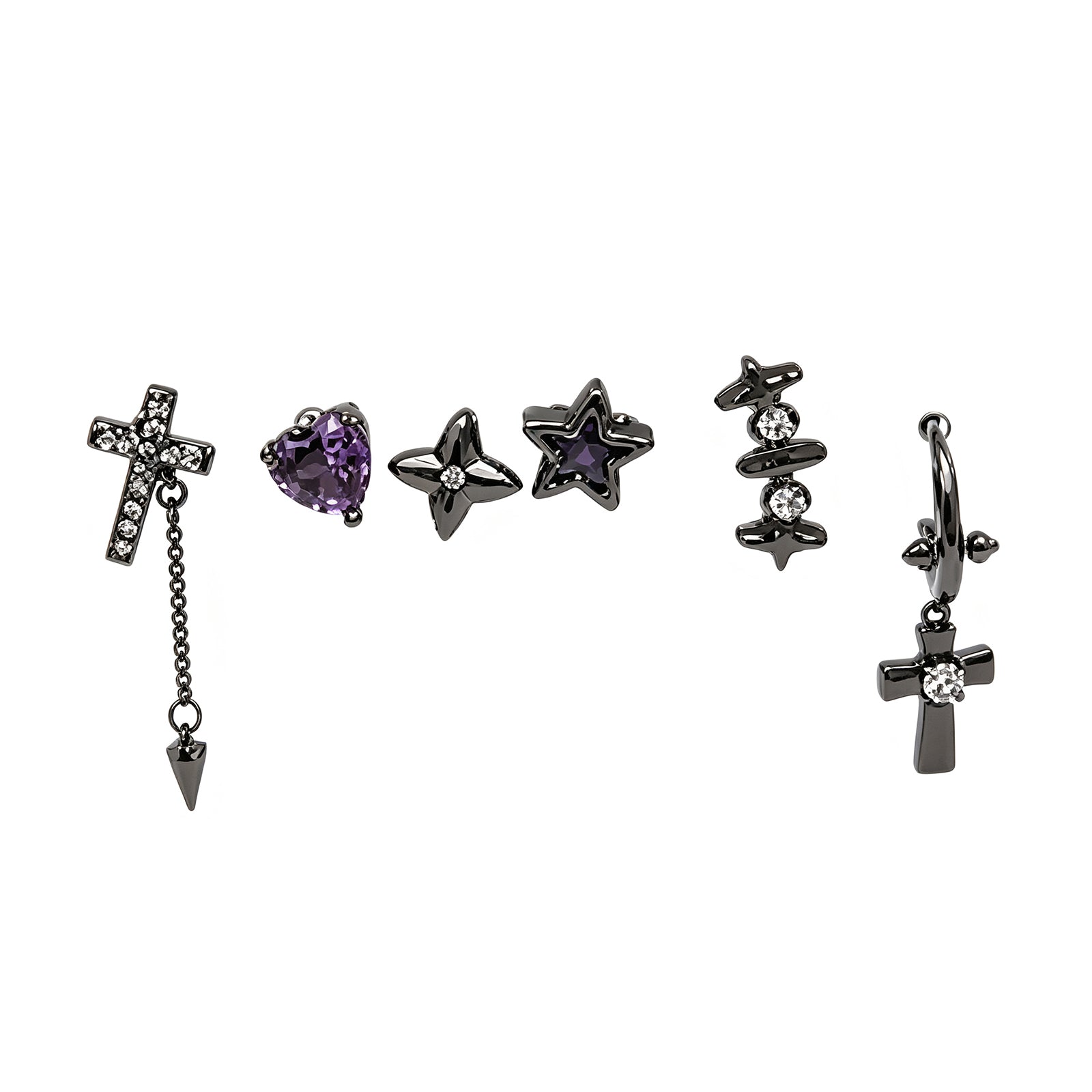 3 Pairs Gothic Cross Earring Set – Gunmetal Black & Purple Crystal Stud Earrings, Y2K Alt Dark Aesthetic Jewelry Gift Set for Women & Teens