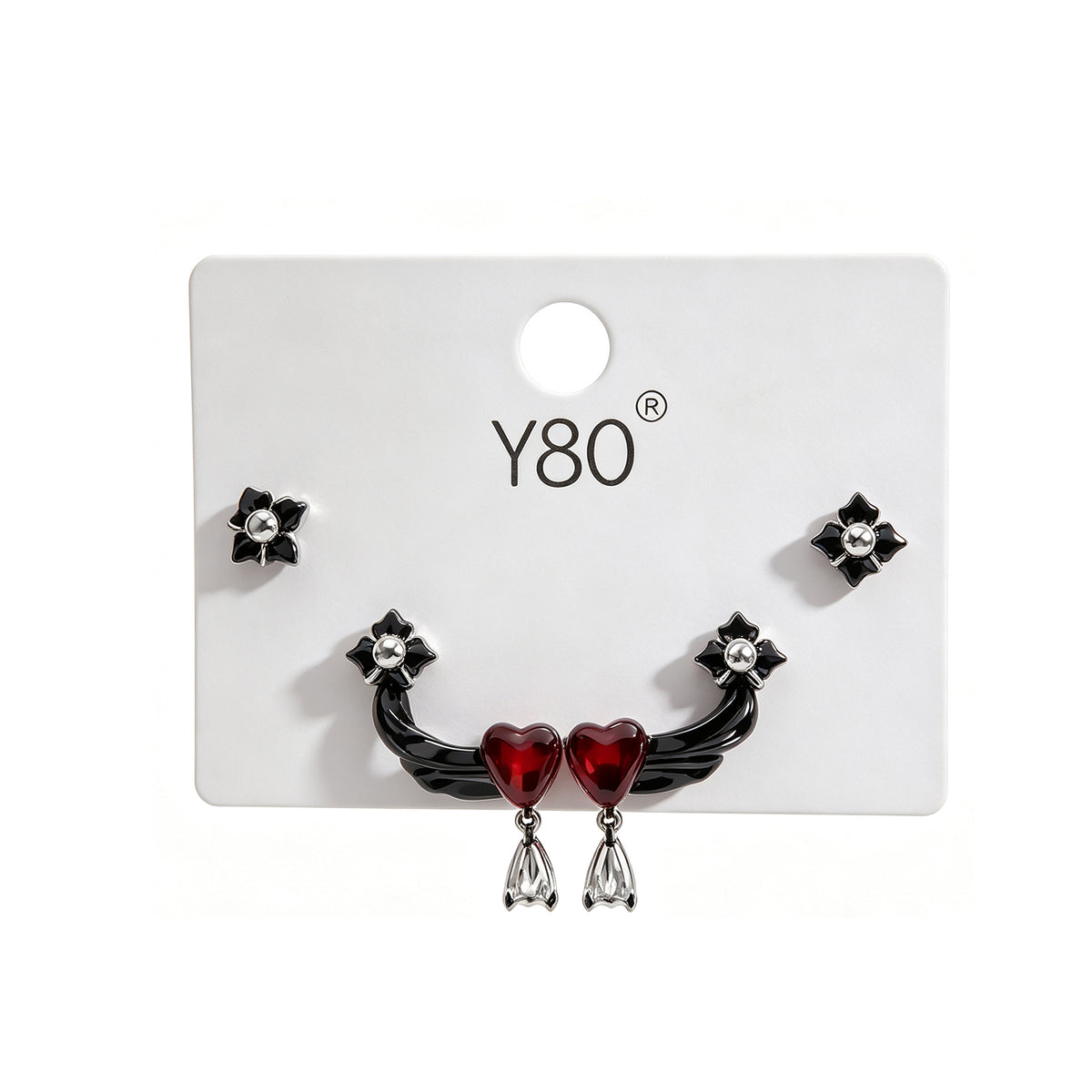 3-Piece Gothic Heart & Wing Earring Set - Gunmetal Black & Ruby Red Crystal Drop Earrings for Women