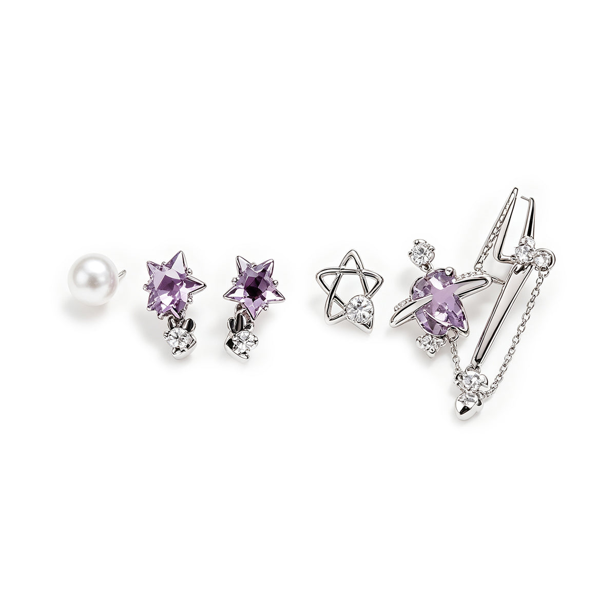 3 Pairs Celestial Star & Lightning Bolt Earring Set – Silver & Purple Crystal Studs, Pearl + Chain Drop Earrings, Y2K Aesthetic Jewelry Gift Set for Women & Teens