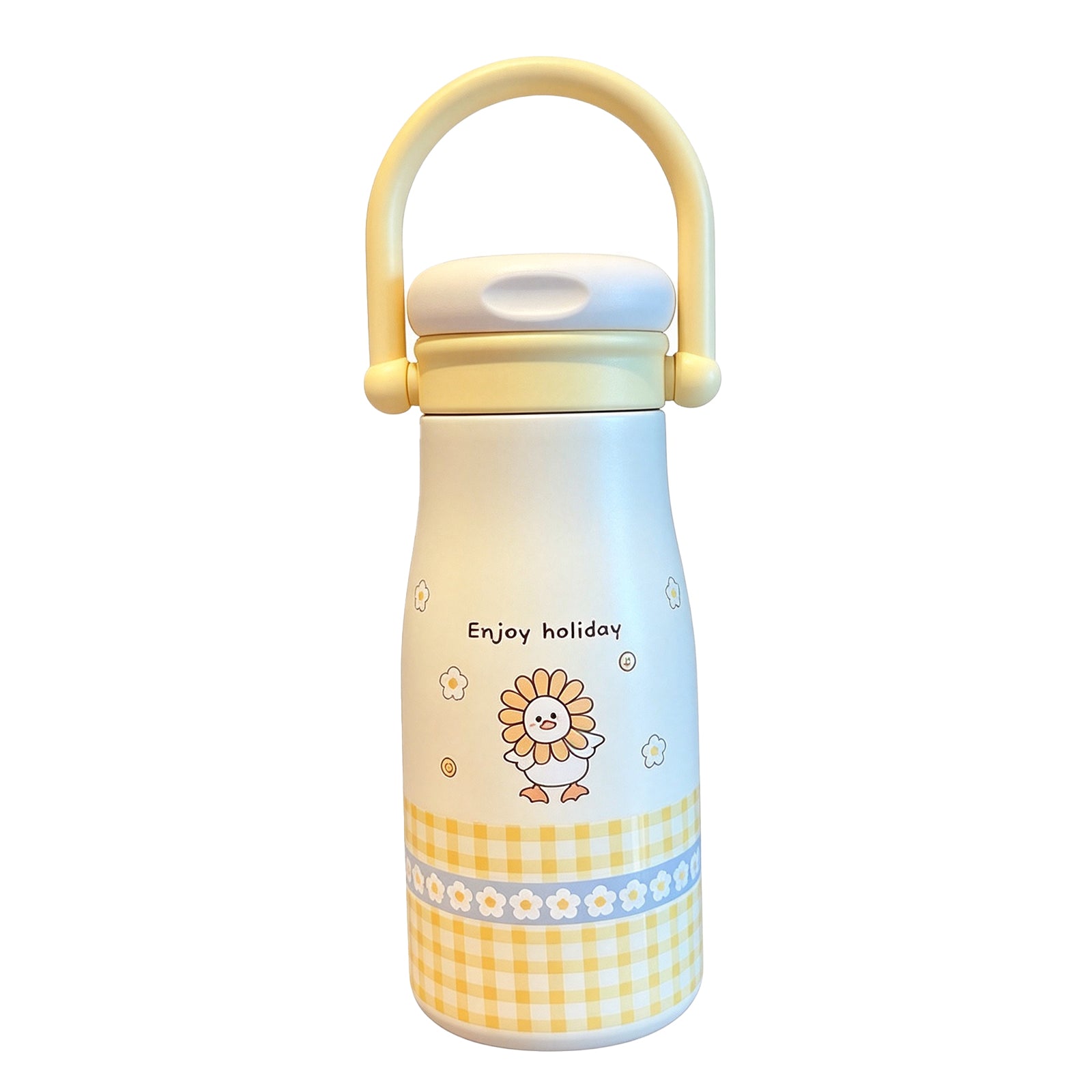 Kawaii "Enjoy Holiday" Insulated Tumbler – Cute Stainless Steel Water Bottle with Handle & Gradient Design for School, Office & Travel (Sunflower/Puppy/Cake Themes)