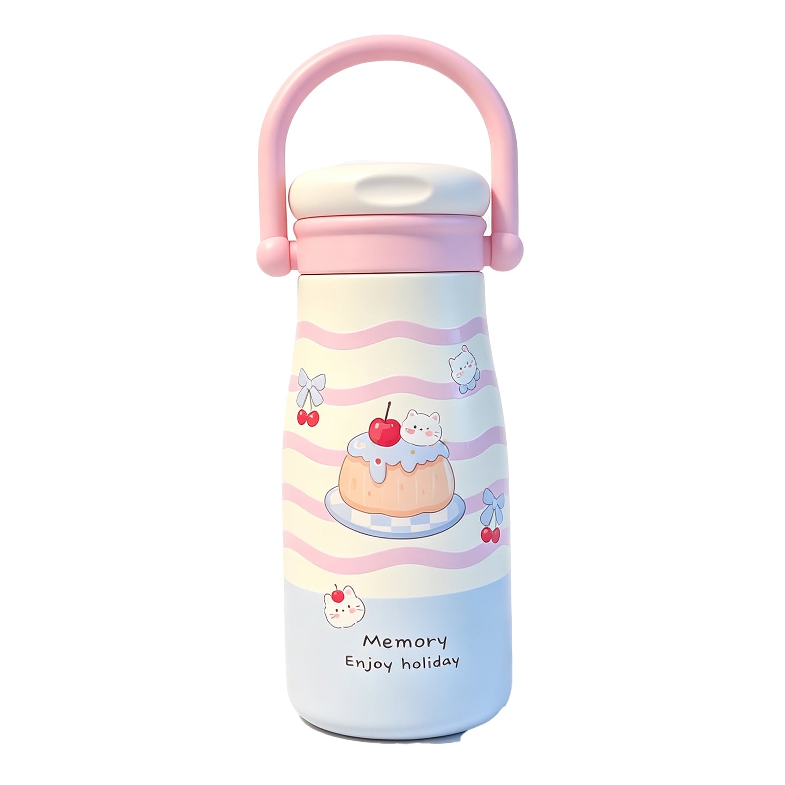 Kawaii "Enjoy Holiday" Insulated Tumbler – Cute Stainless Steel Water Bottle with Handle & Gradient Design for School, Office & Travel (Sunflower/Puppy/Cake Themes)