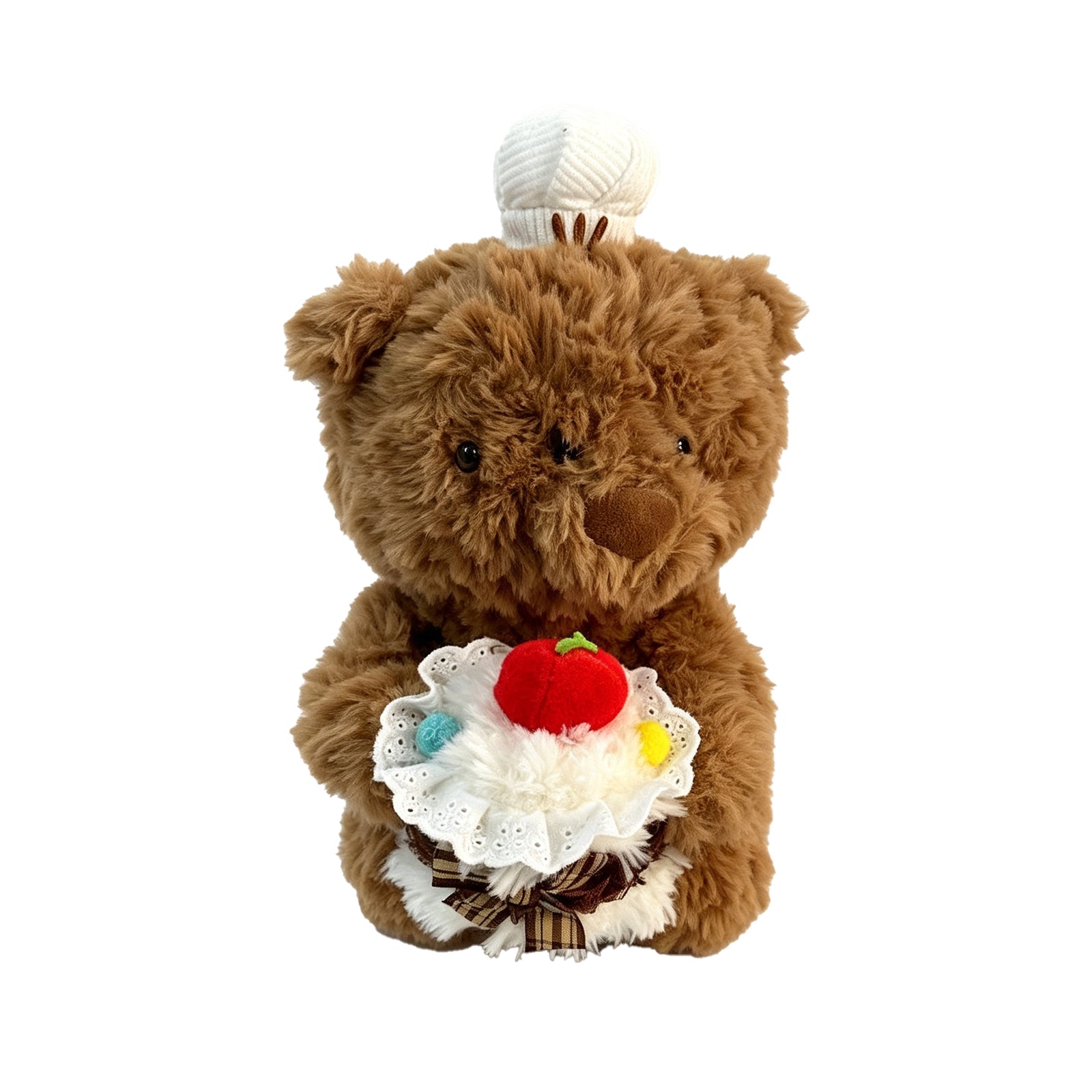 Chef Bear Plush Toy with Mini Cake – Adorable Brown Teddy in Knit Hat Holding Lace-Trimmed Dessert, Perfect Gift for Birthdays, Baby Showers & Collectors (Soft Plush）