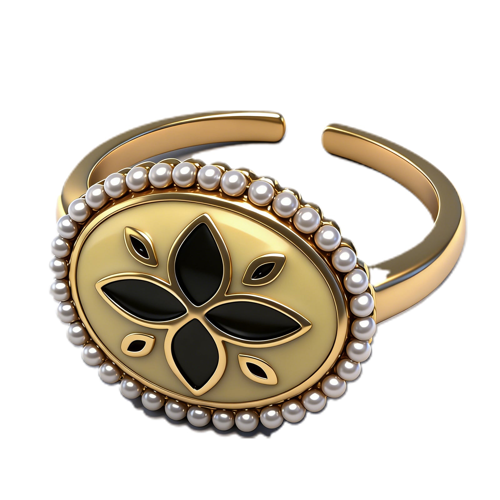 Vintage Gold Floral Cuff Ring with Faux Pearls – Adjustable Boho Statement Jewelry for Women