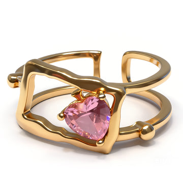 Modern Gold-Tone Open Cuff Ring with Pink Heart Gemstone – Adjustable Statement Jewelry for Women
