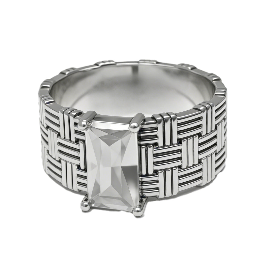 Architectural Woven Band Ring with Emerald-Cut Crystal – Bold Silver-Tone Statement Jewelry