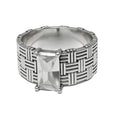 Architectural Woven Band Ring with Emerald-Cut Crystal – Bold Silver-Tone Statement Jewelry