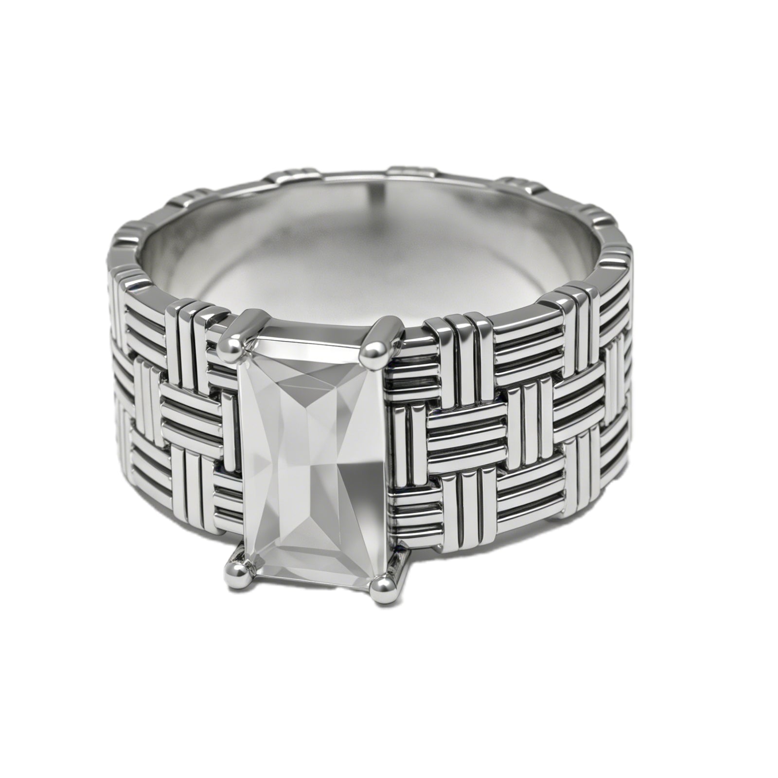 Architectural Woven Band Ring with Emerald-Cut Crystal – Bold Silver-Tone Statement Jewelry, image 1