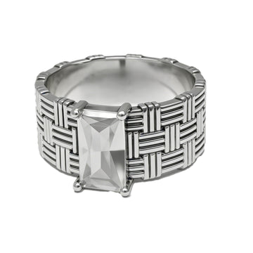 Architectural Woven Band Ring with Emerald-Cut Crystal – Bold Silver-Tone Statement Jewelry