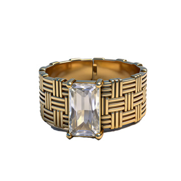 Luxe Gold Woven Band Ring with Emerald-Cut Crystal – Adjustable Statement Jewelry for Women