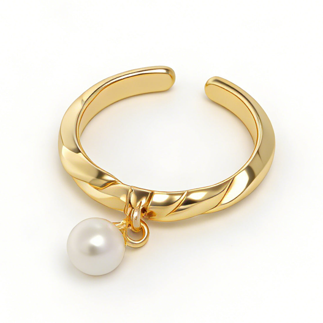 Golden Twist Open Ring with Dangling Pearl Charm – Adjustable Minimalist Jewelry for Women Product Description