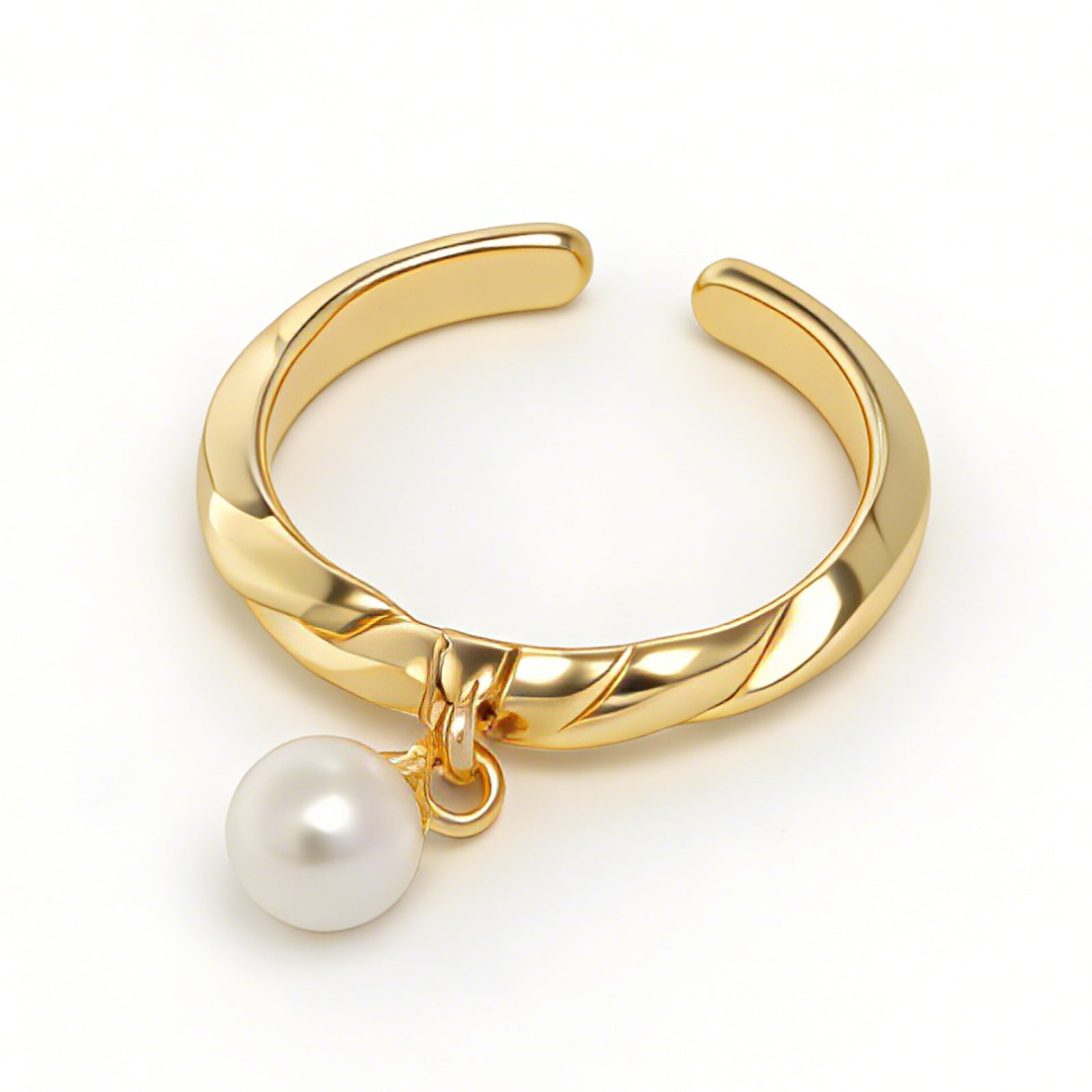 Golden Twist Open Ring with Dangling Pearl Charm – Adjustable Minimalist Jewelry for Women Product Description