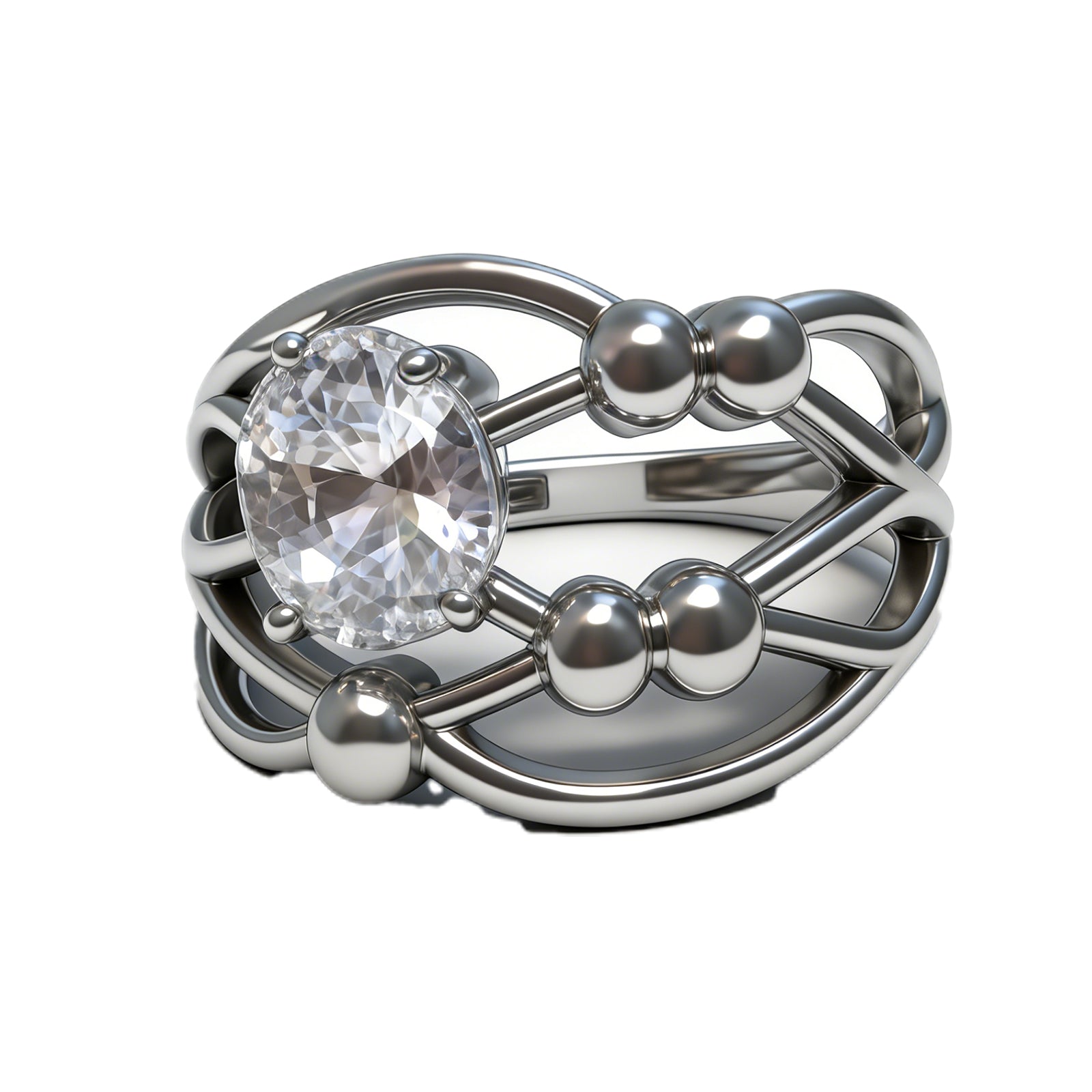 Futuristic Orbit Ring with Oval Crystal & Silver Beads – Avant-Garde Sculptural Jewelry, image 1