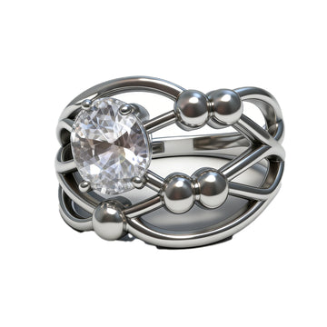 Futuristic Orbit Ring with Oval Crystal & Silver Beads – Avant-Garde Sculptural Jewelry