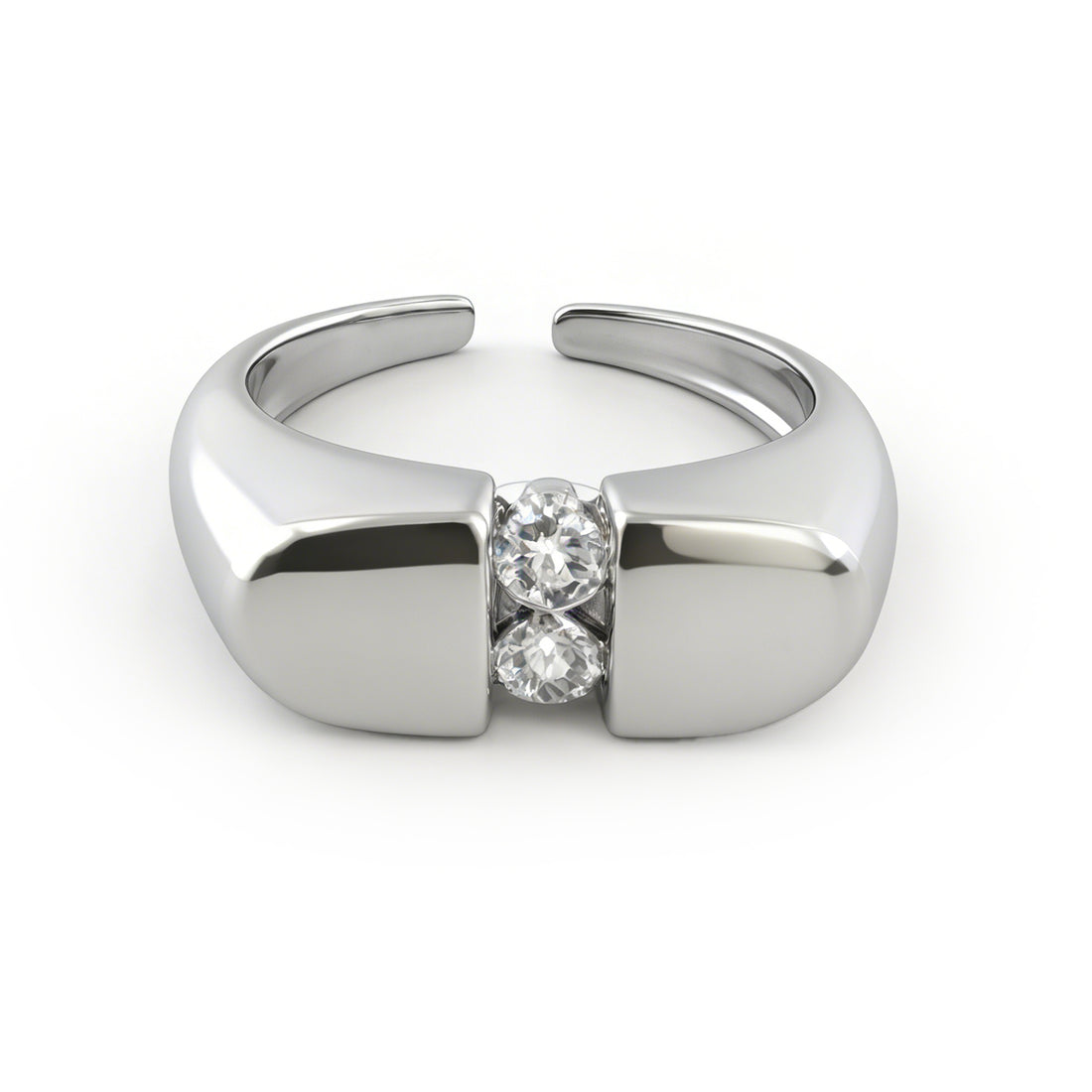 Modern Dual-Stone Open Ring with Polished Silver-Tone Band – Adjustable Minimalist Statement Jewelry for Women