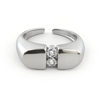 Modern Dual-Stone Open Ring with Polished Silver-Tone Band – Adjustable Minimalist Statement Jewelry for Women