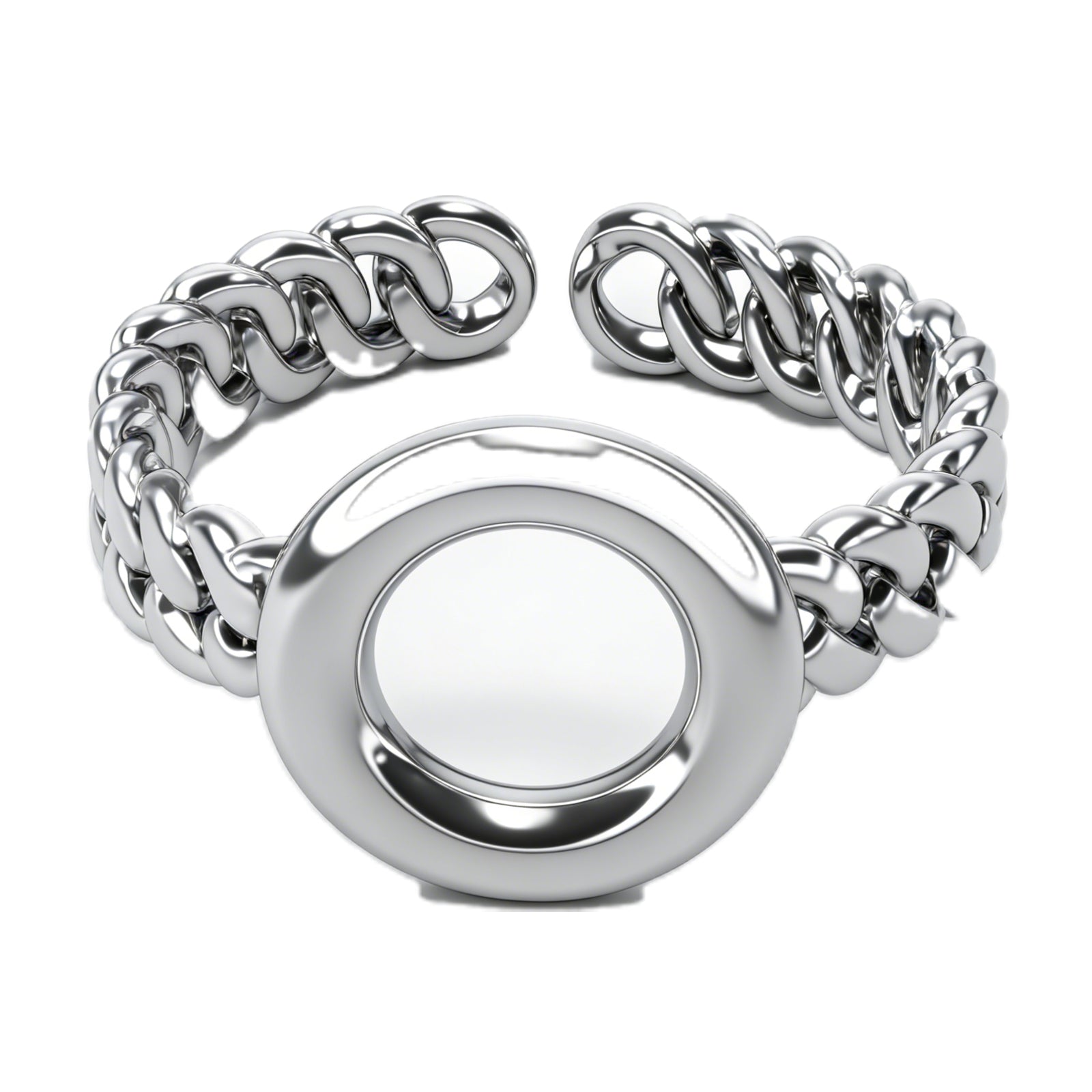 Bold Chain Link Statement Ring with Oversized Circular Center – Edgy Silver-Tone Adjustable Band for Women, image 1
