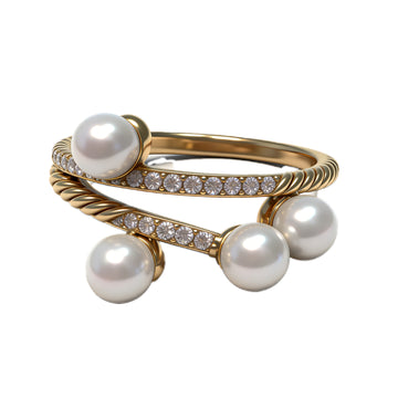 Elegant Multi-Pearl Wrap Ring with Crystal Accents – Adjustable Gold-Tone Statement Band for Women