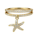 Sparkling Starfish Charm Double-Band Ring – Gold-Tone Crystal-Embellished Statement Jewelry for Women