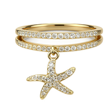 Sparkling Starfish Charm Double-Band Ring – Gold-Tone Crystal-Embellished Statement Jewelry for Women