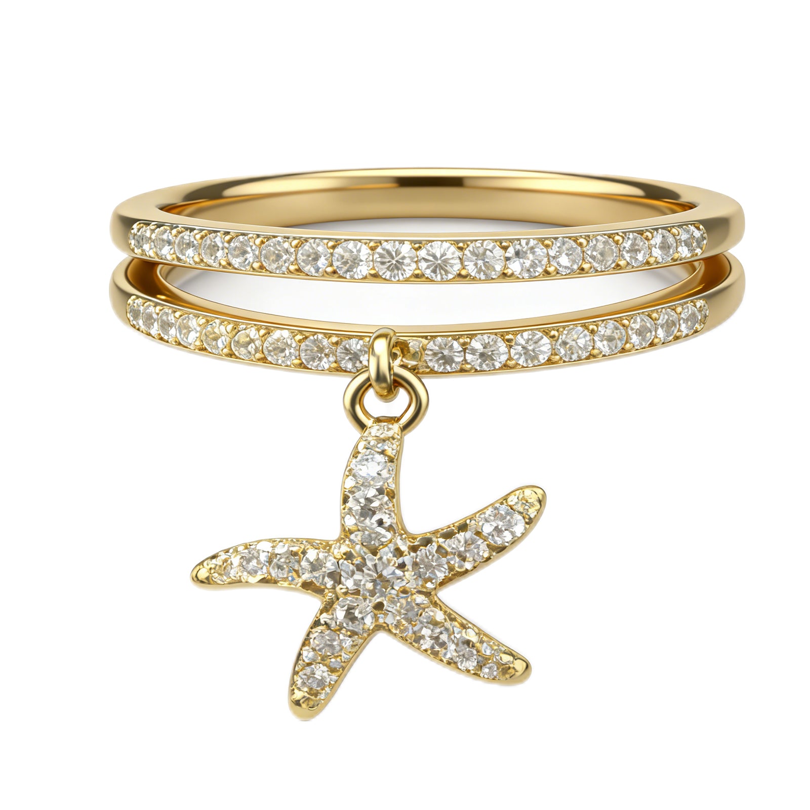 Sparkling Starfish Charm Double-Band Ring – Gold-Tone Crystal-Embellished Statement Jewelry for Women