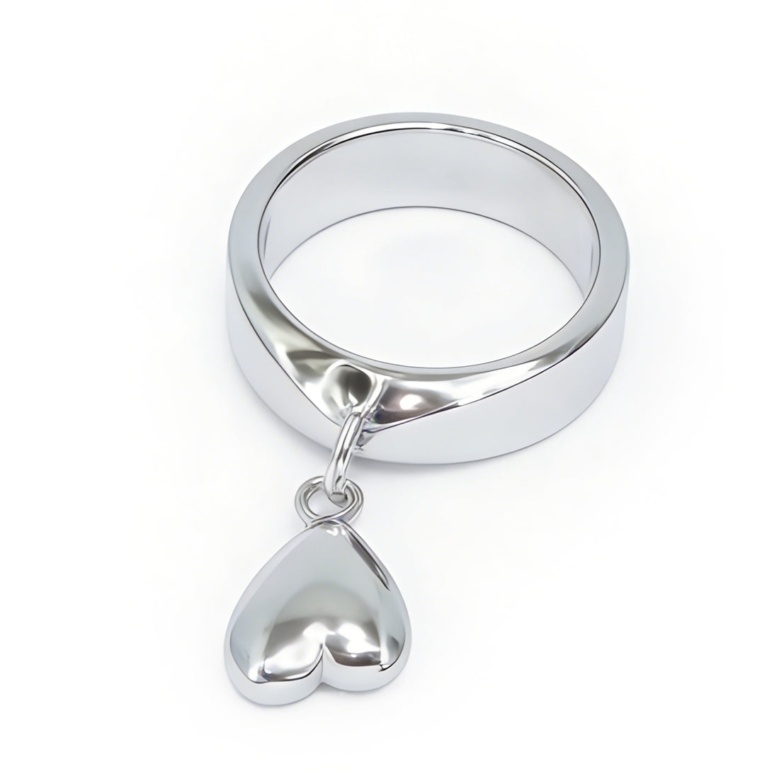 Minimalist Silver Heart Charm Ring – Polished Dangle Pendant Band for Women