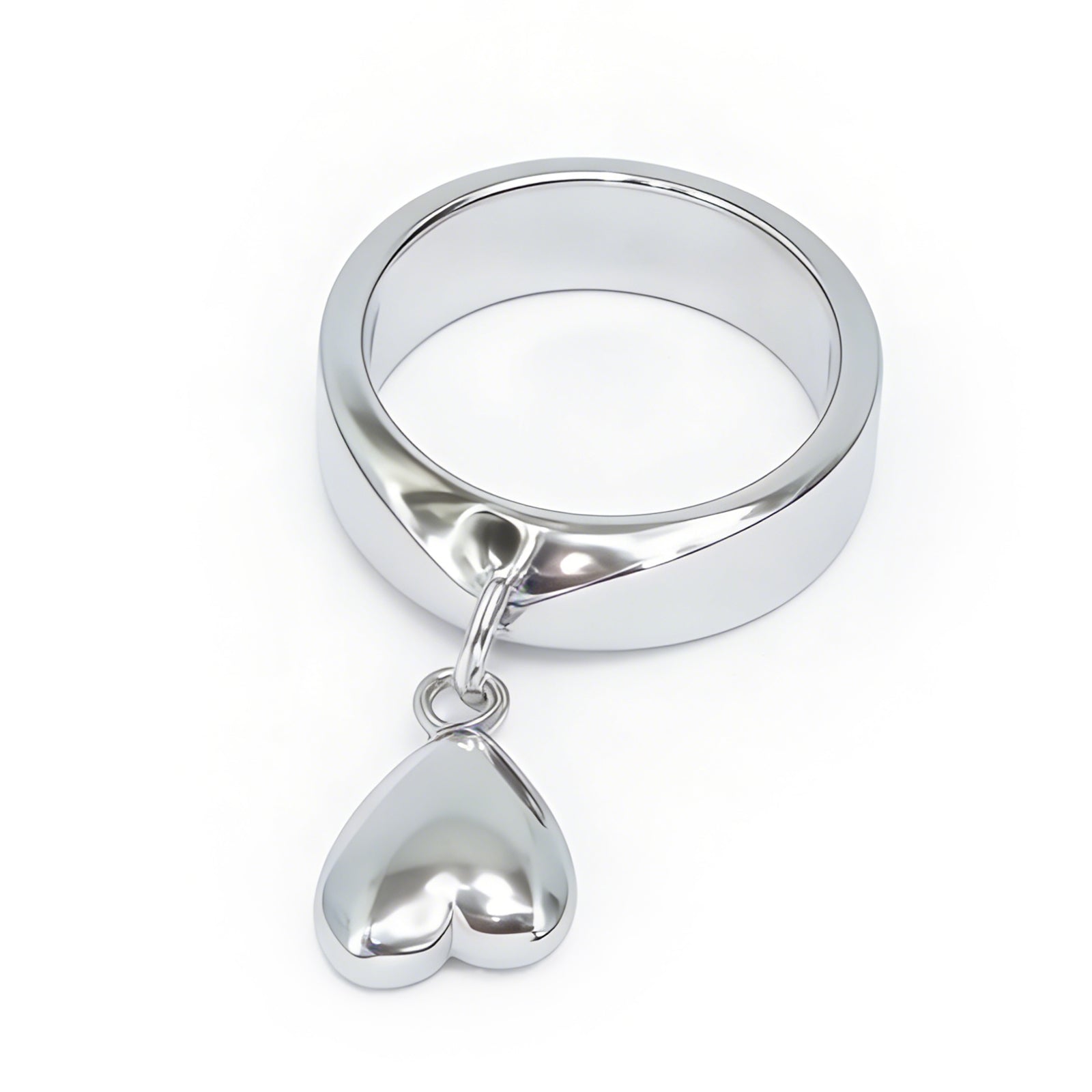 Minimalist Silver Heart Charm Ring – Polished Dangle Pendant Band for Women, image 1
