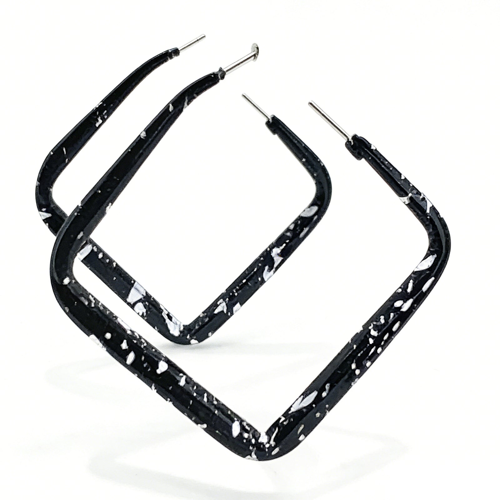 Modern Black & White Splatter Geometric Square Hoop Earrings – Bold Statement Jewelry for Women