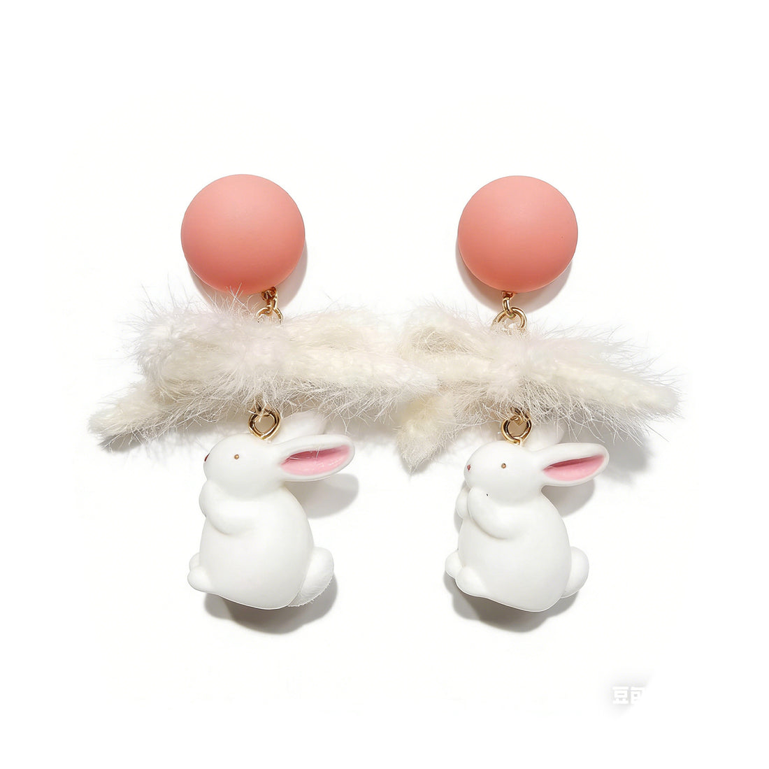 Whimsical Bunny & Feather Drop Earrings – Cute Pink Ball Dangle Earrings for Women