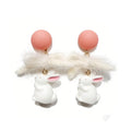 Whimsical Bunny & Feather Drop Earrings – Cute Pink Ball Dangle Earrings for Women