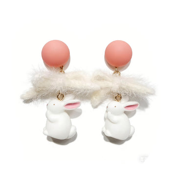 Whimsical Bunny & Feather Drop Earrings – Cute Pink Ball Dangle Earrings for Women