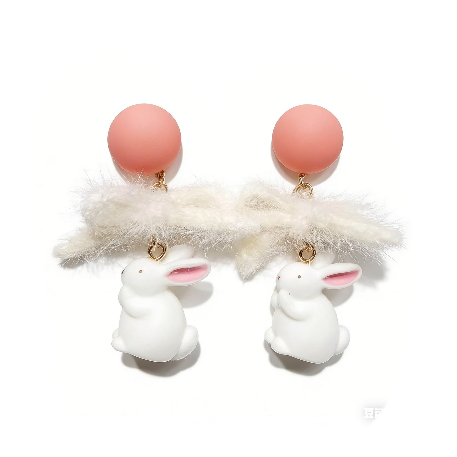 Whimsical Bunny & Feather Drop Earrings – Cute Pink Ball Dangle Earrings for Women
