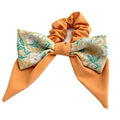 Pumpkin Orange Floral Patchwork Bow Scrunchie with Long Ribbon Tails - Boho Hair Tie for Women
