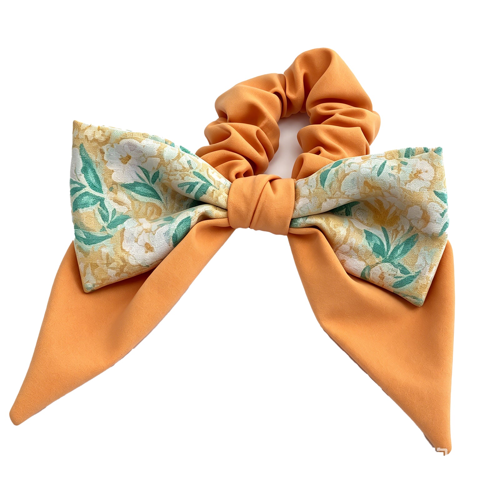 Pumpkin Orange Floral Patchwork Bow Scrunchie with Long Ribbon Tails - Boho Hair Tie for Women