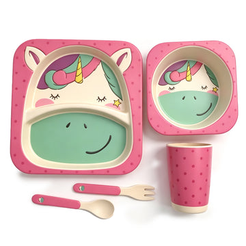 Unicorn Bamboo Fiber Kids Tableware Set – 5-Piece BPA-Free Dinnerware with Partitioned Plate, Bowl, Cup & Utensils for Toddlers