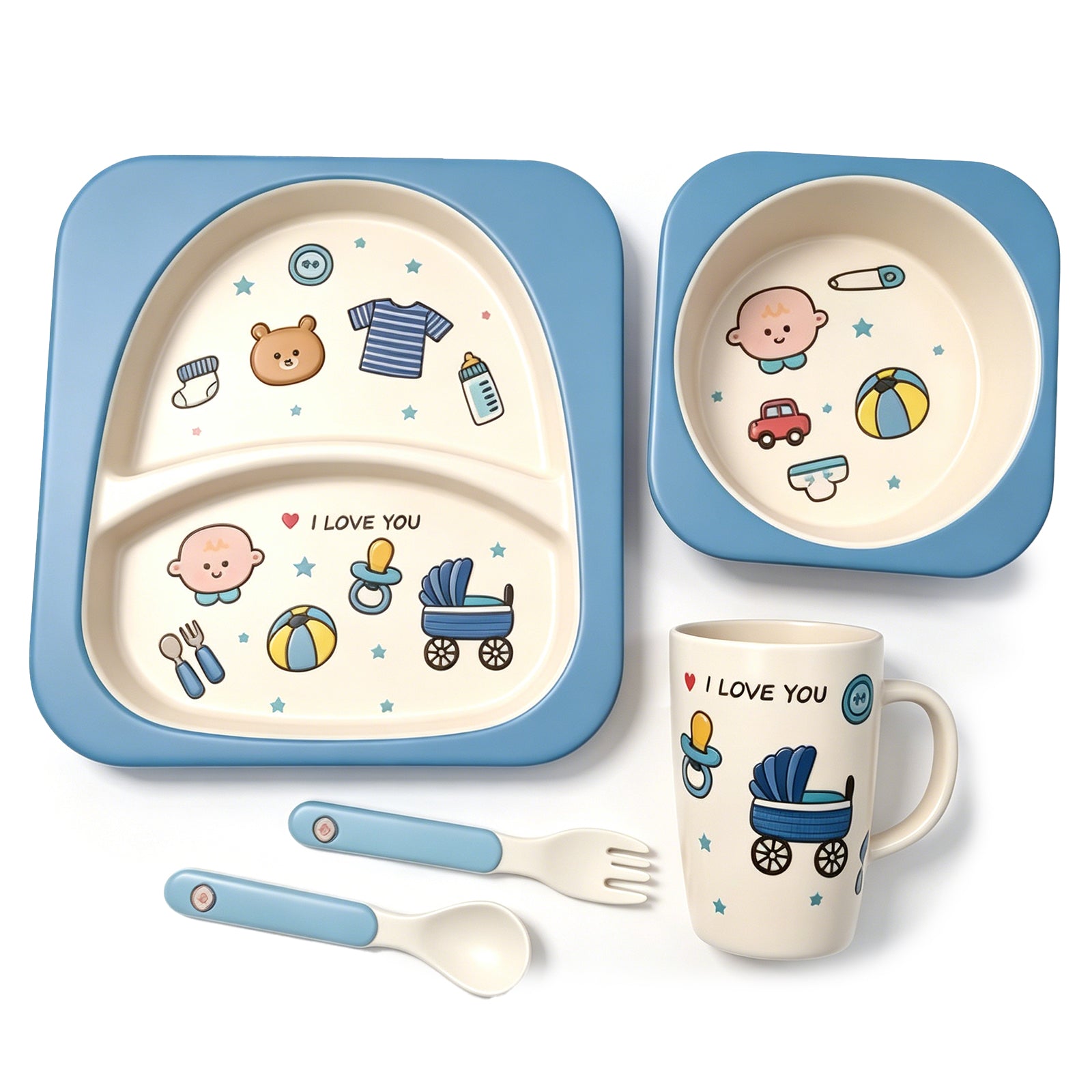 Adorable Blue Baby-Themed Kids Tableware Set – 5-Piece BPA-Free Bamboo Fiber Dinnerware with Partitioned Plate, Bowl, Cup & Utensils for Toddlers, image 1