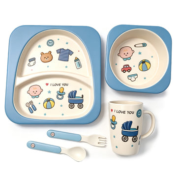Adorable Blue Baby-Themed Kids Tableware Set – 5-Piece BPA-Free Bamboo Fiber Dinnerware with Partitioned Plate, Bowl, Cup & Utensils for Toddlers