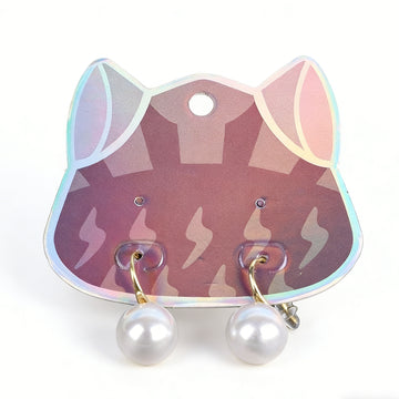 Iridescent Cat-Head Pearl Drop Earrings – Holographic Animal Silhouette Dangle Earrings with Faux Pearls for Women & Girls