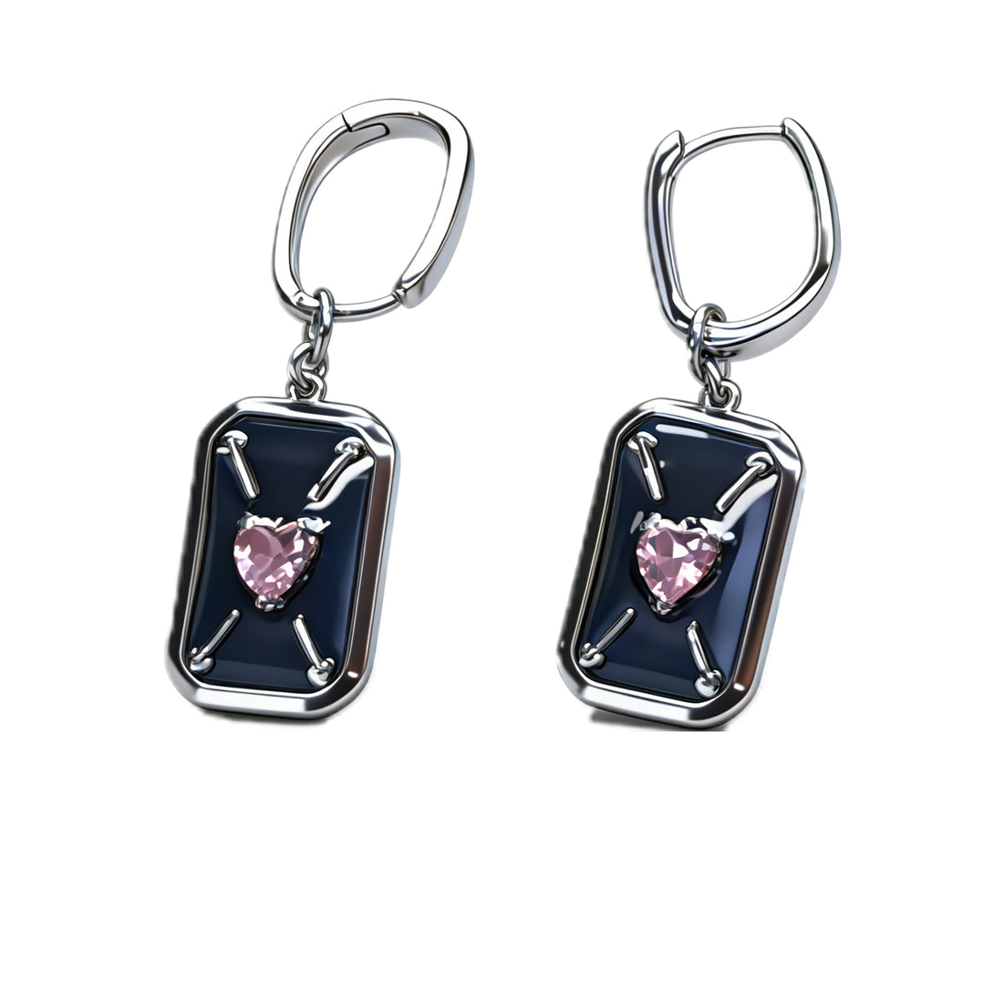 Edgy Love Rectangular Drop Earrings – Silver-Tone Black Enamel & Pink Heart Charm Earrings for Women