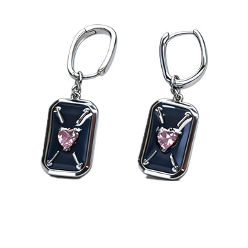 Edgy Love Rectangular Drop Earrings – Silver-Tone Black Enamel & Pink Heart Charm Earrings for Women