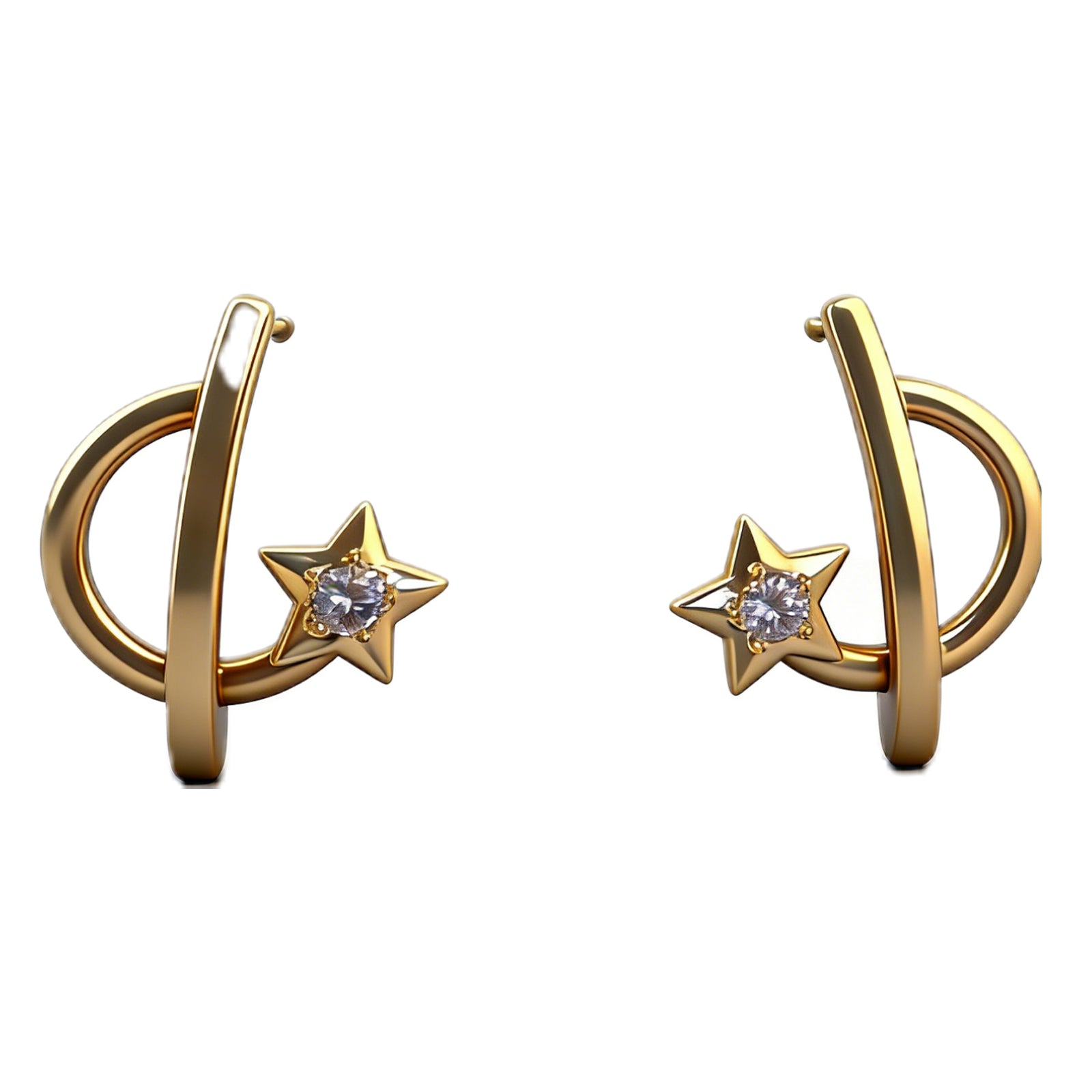 Celestial Star & Orbit Hoop Earrings – Modern Gold-Tone Geometric Studs with Sparkling CZ Center, image 1