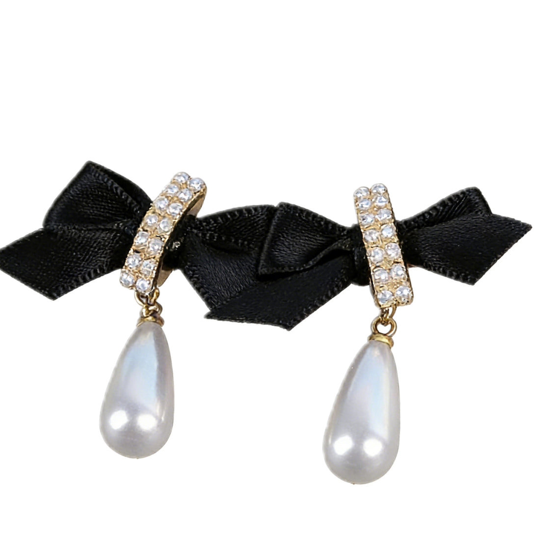 Elegant Black Bow & Crystal Pearl Drop Earrings – Romantic Gold-Tone Dangle Earrings for Women